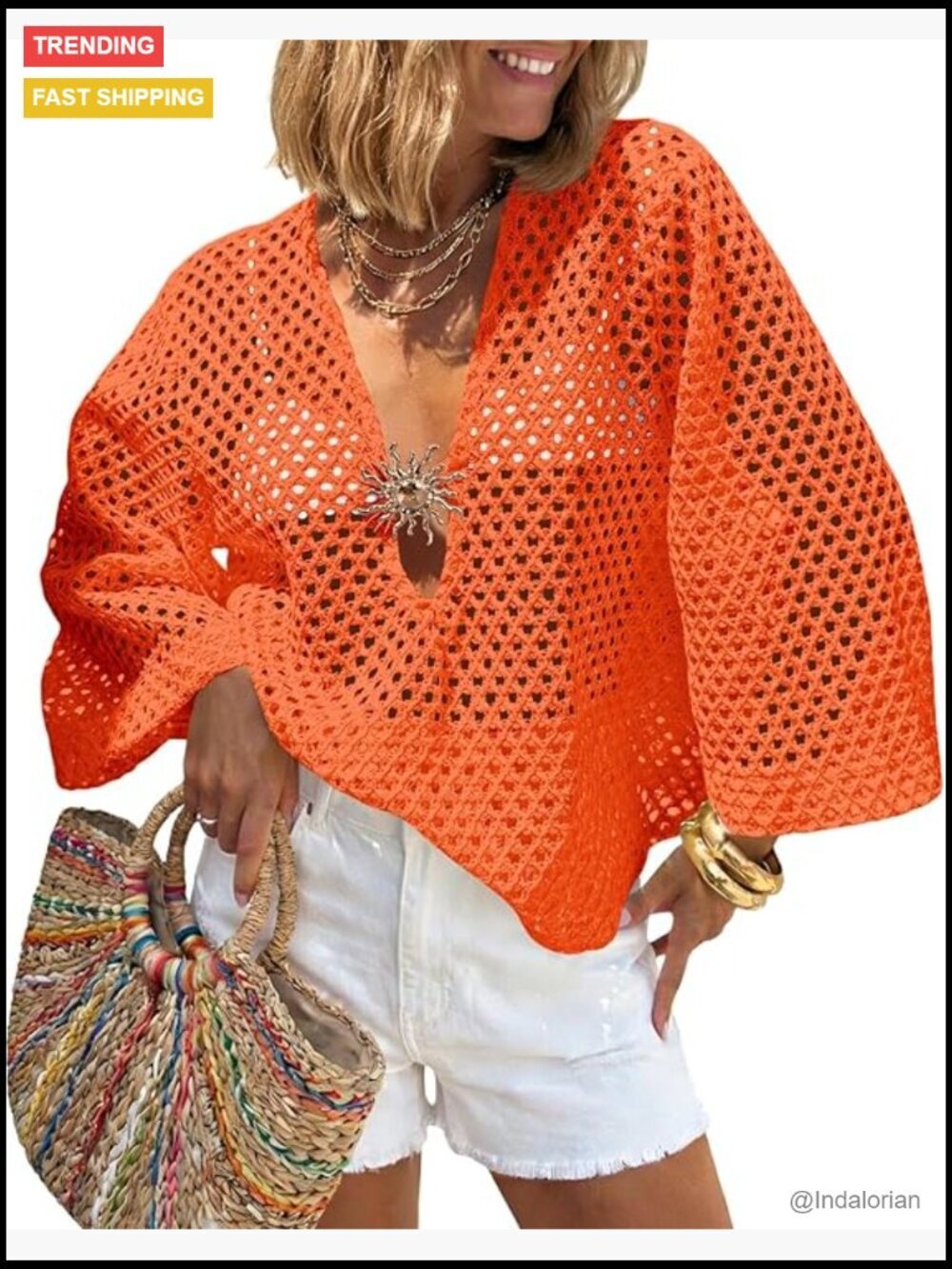 Crochet Beach Cover Up Top 3/4 Sleeve Boho Oversized Mesh Knit V Neck Swimsuit